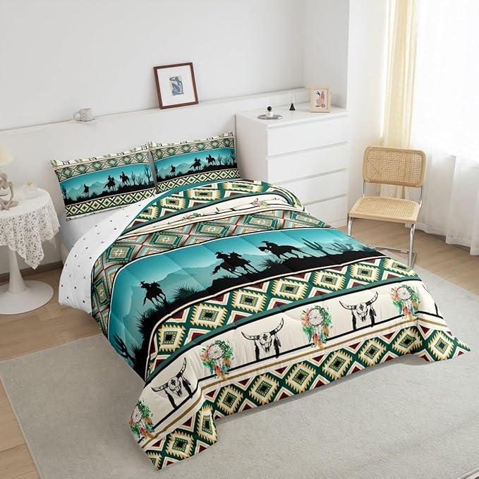 Horse Decor Western Comforter Set Queen,Farm Animals Quilt Indian Tribal Geometric Aztec Bedding Sets,Exotic Dream Catchers Feather Duvet Insert Farmhouse Western Decor,Green