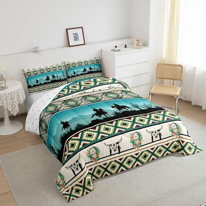 Erosebridal Horse Decor Western Comforter Set Full,Farm Animals Quilt Indian Tribal Geometric Aztec Bedding Sets,Exotic Dream Catcher Feather Duvet Insert Farmhouse Western Decor,Green