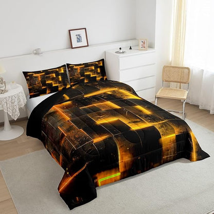 Erosebridal Black and Orange Comforter Set Queen Modern Abstract Queen Bedding, 3D Glowing Plaid Bedding Comforter Sets Gradient Grid Duvet, Neon Square Quilted Comforter 3pcs (Black Reversible)