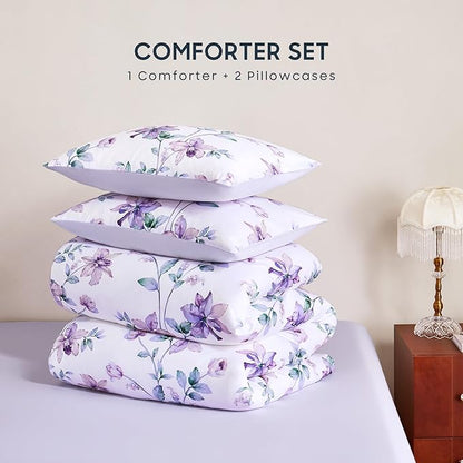 Wake In Cloud - Floral Comforter Set, Cottagecore Cottage Rustic Farmhouse Style with Botanical Flowers and Leaves Pattern, Soft Lightweight Bedding, 3-Piece, Purple White, Full Size