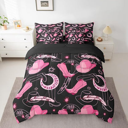 Feelyou Pink Western Cowgirl Comforter Set with Sheets Full Size Kids West Cowboy 7 Pieces Bedding Set for Boys Girls Teens Rodeo Horseshoe Hat Bed in a Bag Grunge Design Bed Set Sun Moon