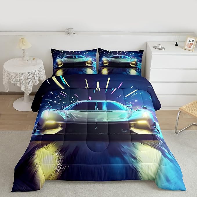 Erosebridal Racing Car Comforter Set - King Size Duvet Set Speed Car Quilt Set Extreme Sports Bedding Set for Kids Boys Teens Young Man Adults