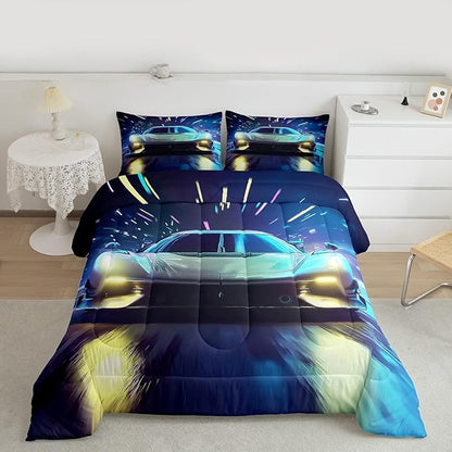 Erosebridal Racing Car Comforter Set - King Size Duvet Set Speed Car Quilt Set Extreme Sports Bedding Set for Kids Boys Teens Young Man Adults
