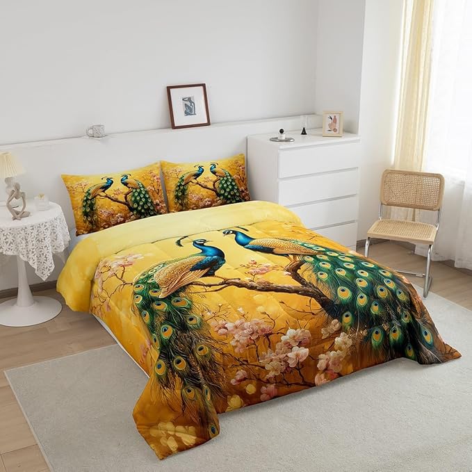 Peacock Twin Size Comforter Sets for Kids Boys Girls,Elegant Colorful Birds Bedding Sets Youth Men Bedroom Decor,Romantic Cherry Tree 2 Pieces Quilt Set,Exotic Feather Duvet Insert,Soft Fluffy