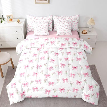 Feelyou Pink Bow Comforter Set with Sheets 7 Piece King Size Pink Floral Bed in a Bag Kids Boys Girls Princess Decor Bowknot Bedding Set Garden Flower Bedroom Decor Breathable Soft Lightweight
