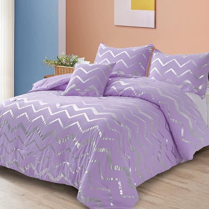 Menghomeus Purple/Silver Comforter Set Full Metallic Print Glitter Bed Comforter Cute Shinny Bedding for Teen Girls Kids Women, 4 Piece (2 Pillowcases, 1 Decorative Pillow Sham)