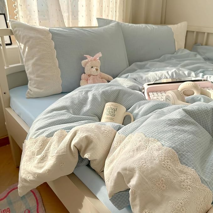 mixinni Light Blue Gingham Comforter Set Queen - 3 Piece Soft Washed Microfiber Plaid Bedding Set with Lace Trim, All Seasons Fluffy Comforter & Pillowcases, Farmhouse French Country Aesthetic