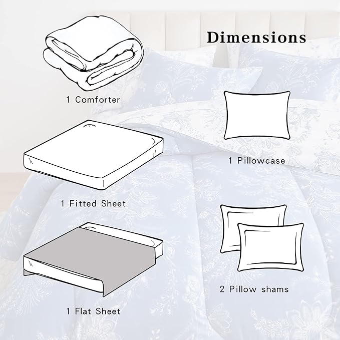 Flysheep Botanical Bed in a Bag Twin Size 6 Pieces, Reversible Blue and White Flower Printed Comforter Bedding Set (1 Comforter, 1 Flat Sheet, 1 Fitted Sheet, 2 Pillow Shams and 1 Pillowcase)