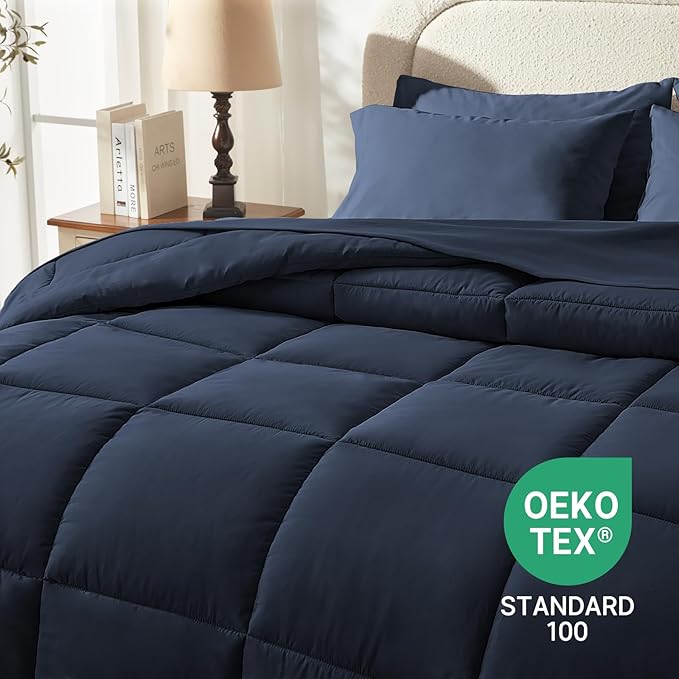 SunStyle Home Navy Blue King Size Comforter Set - 7 Pieces Bed in a Bag, Lightweight Goose Down Alternative Bedding Sets with All Season Comforter, 1 Flat Sheet, 1 Fitted Sheet, 4 Pillowcases