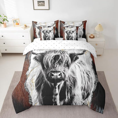 Erosebridal 7 Pcs Highland Cow Comforter Set Full Size,Vintage Marble Bed in a Bag with Flat Fitted Sheet for Kids and Adults,Rustic Western Cow Bedding Set with Pillowcases and Cushion Cases