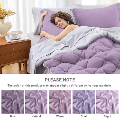 MUXHOMO 7 Pieces Queen Comforter Set, Reversible Bed in a Bag Queen Size, All Season Bedding Set with Comforter, Flat Sheet, Fitted Sheet, Pillowcases & Shams, Greyish Purple & Light Grey