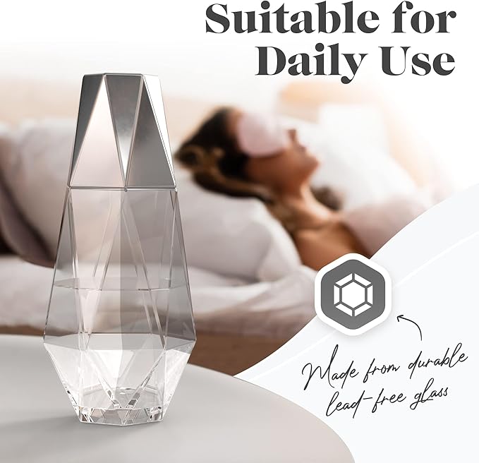American Atelier 37 oz Fifth Avenue Decorative Bedside Water Carafe & Tumbler with Lid – 9" Silver Glass Pitcher Set for Nightstand, Guest Room, Office & Bedroom Hydration, Elegant Drinkware (Silver)