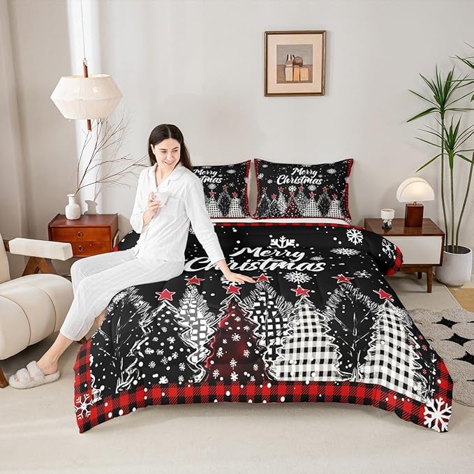 Christmas Tree Bedding Sets Full Size,Red Black Checkered Comforter Set 3Pcs for Kids Girls Boys Women Room Decor,Winter Snoweflake Quilted Duvet Retro Xmas Pine Down Comforter,2 Pillowcases