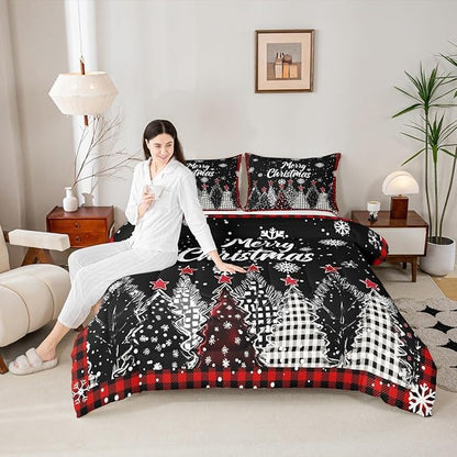 Christmas Tree Comforter Set Twin Size,Red Black Checkered Bedding Sets 2Pcs for Kids Girls Boys Women Room Decor,Winter Snoweflake Quilted Duvet Retro Xmas Pine Down Comforter,1 Pillowcase