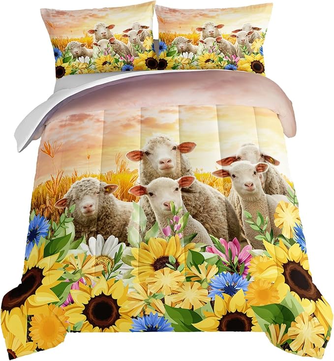 HOSIMA Farm Animal Themed Bedding Set,Yellow Sunflower Floral Comforter Twin Size for Girls Kids Women Bedroom Decor,Cute Sheep Bedding Set Twin Size,Bed Set for Girls with 2 Pillowcases.