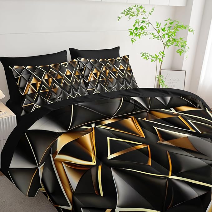 7 Piece Black and Gold King Comforter Set Geometric Pattern，King Quilt Bedding Set Checkered，(1 Comforter, 1 Flat Sheet, 1 Fitted Sheet, 2 Pillowcase and 2 Pillow Sham)
