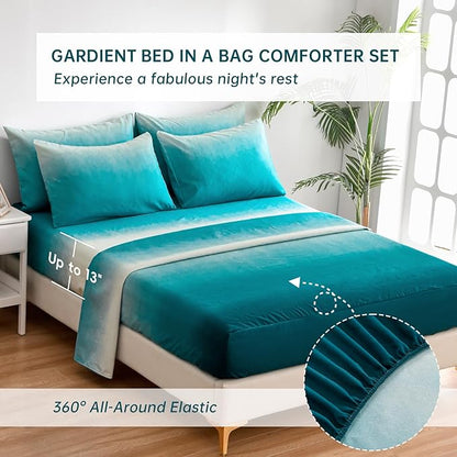 Anibedding Teal Comforter Set Queen 7 Pieces Gradient Teal Bed in a Bag Queen Size Set, All Season Down Alternative Complete Bedding Set Flat/Fitted Sheet, Pillowcases Pillow Shams