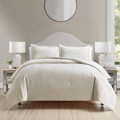 Luxury Velvet King Comforter Set, 3 Pieces Reversible Comforters King Size with 2 Pillow Shams, Brushed Solid Microfiber Back, All Season Cozy, Soft, Warm, Lightweight (Beige, 104x90 Inch)