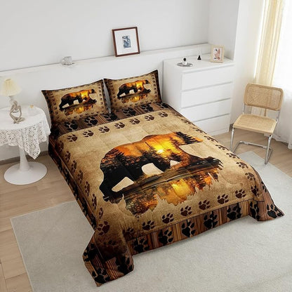 Feelyou Bear Comforter Set Full Size Farmhouse Wild Animal Comforter Retro Rustic Woodland Bedding Set for Kids Boys Girls Brown Bear Paws Print Duvet Set Rustic Bedroom Decor Quilted Set 3Pcs