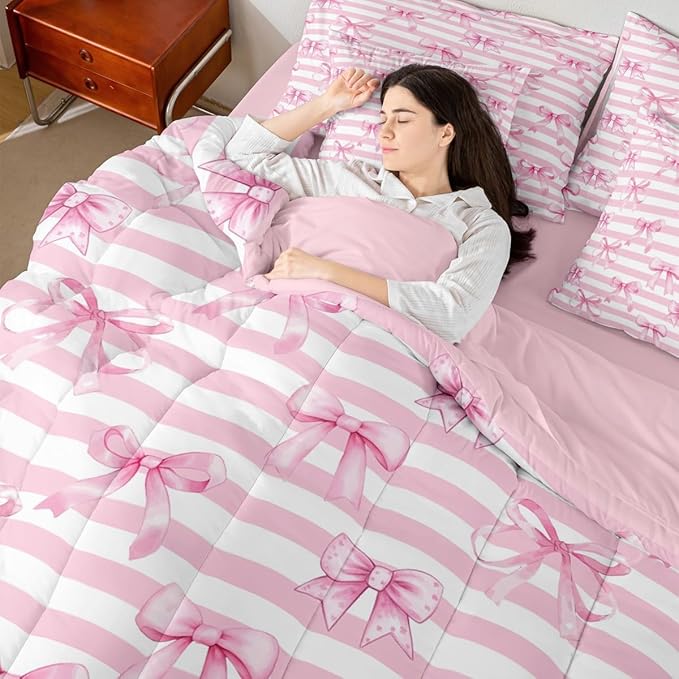 Erosebridal Bowknot Pink Bow Stripe Girly King 7-Piece Comforter Set | Dreamy White Geometric Sheets and Pillowcases Ribbon Cute Kawaii Bed in A Bag Kids Teens Women Bed Sets