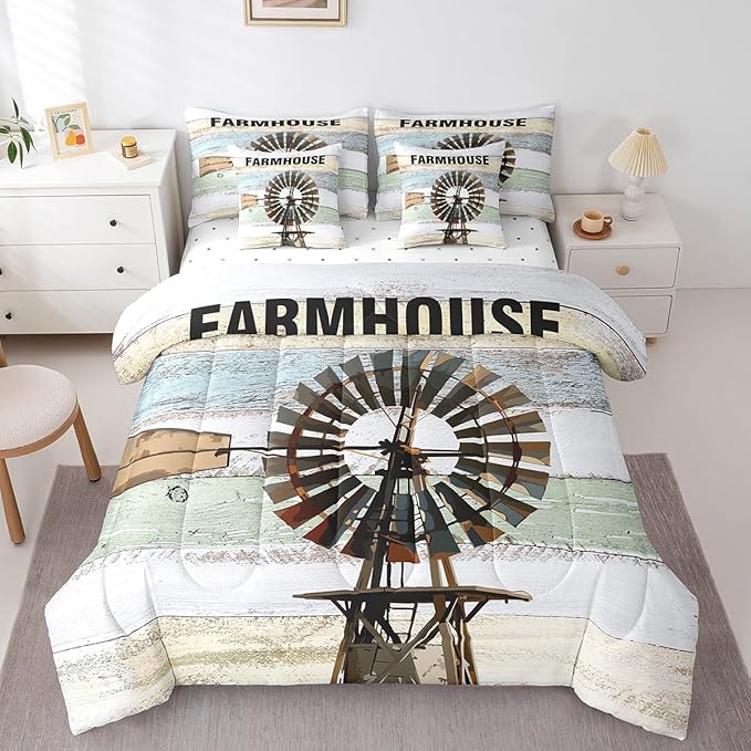 Erosebridal King 7Pcs Farmhouse Windmill Comforter Set Bed in a Bag Rustic Decor Wooden Print Comforter Set with Sheets and Pillow Covers