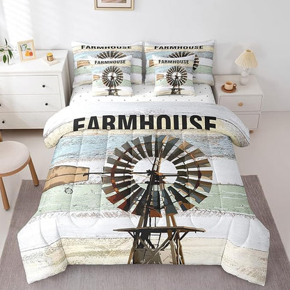 Erosebridal King 7Pcs Farmhouse Windmill Comforter Set Bed in a Bag Rustic Decor Wooden Print Comforter Set with Sheets and Pillow Covers