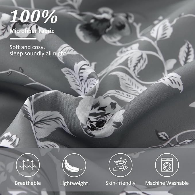 Dobuyly Grey Floral Queen Comforter Set, 7 Piece Bed in a Bag Queen Size Flowers Botanical Bedding Set, Soft Microfiber Bedding Comforter Sets with Sheets for All Season