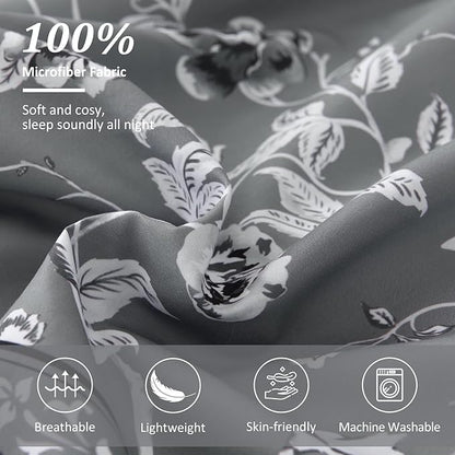 Dobuyly Grey Floral Queen Comforter Set, 7 Piece Bed in a Bag Queen Size Flowers Botanical Bedding Set, Soft Microfiber Bedding Comforter Sets with Sheets for All Season