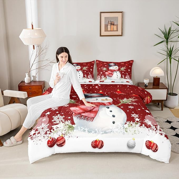 Cute Snowman Comforter Set King Size,Merry Christmas Bedding Set 3Pcs Xmas Red Bells and Snowflake Quilt Set for Kids Boys Girls Teens Room Decor Watercolor Cartoon Duvet Insert,2 Pillowcases