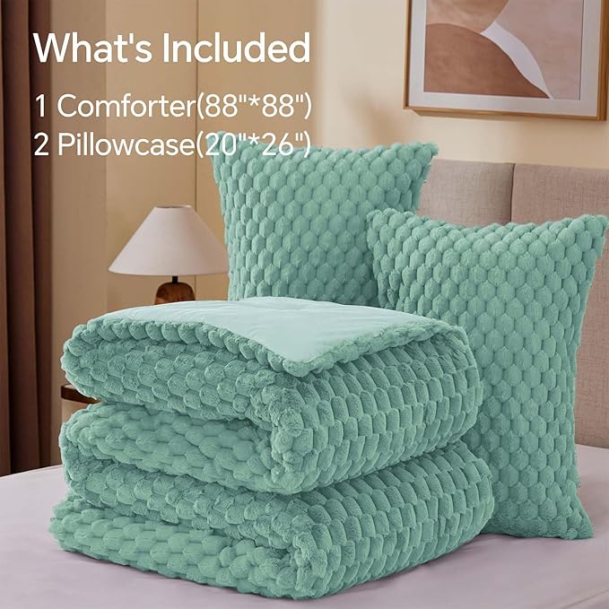 BEDELITE Fluffy Queen Comforter Set - Haze Blue Fleece Soft Comforter for Queen Size Bed, Luxury Warm Bedding Set for Winter, Fuzzy Bed Set 3 Pieces (1 Comforter, 2 Pillowcases)