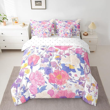 Feelyou Flowers Comforter Set Queen Size 7 Pieces Floral Botanical Bedding Set for All Season Branches Nature Theme Bed in a Bag with Comforter, Sheets, Pillowcases & Cushion Cover