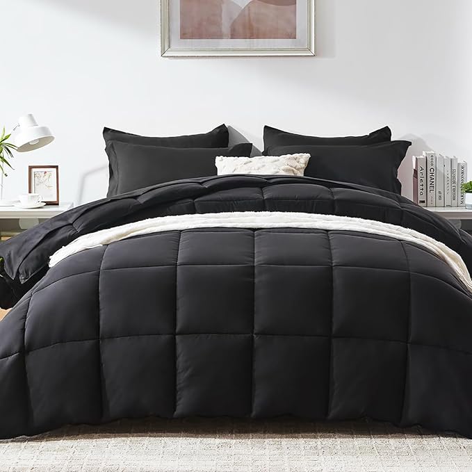 COZYART Full Comforter Set 7 Pcs, Black Bed in a Bag, All Season Lightweight Soft Reversible Bedding Sets, 1 Comforter, 1 Flat Sheet, 1 Fitted Sheet, 2 Pillow Shams, 2 Pillowcases
