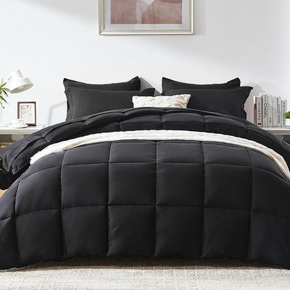 COZYART Full Comforter Set 7 Pcs, Black Bed in a Bag, All Season Lightweight Soft Reversible Bedding Sets, 1 Comforter, 1 Flat Sheet, 1 Fitted Sheet, 2 Pillow Shams, 2 Pillowcases