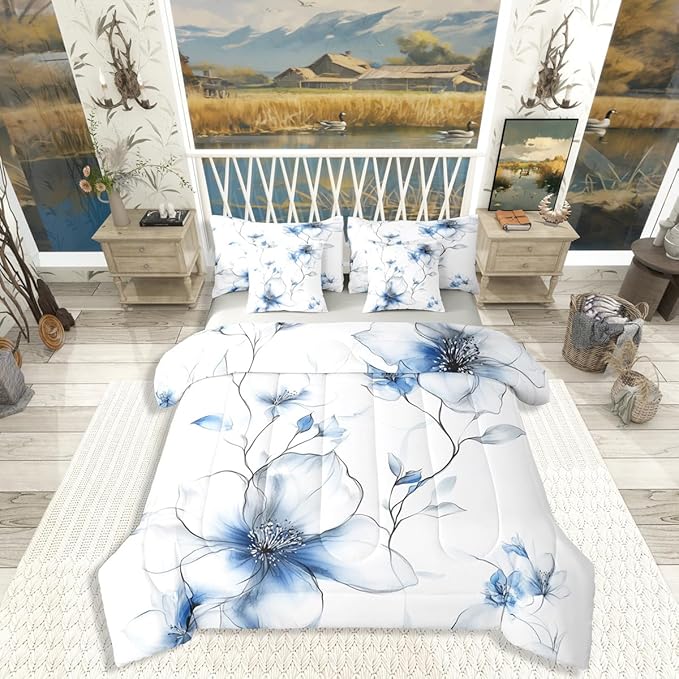 Erosebridal Bohemian Floral Queen Comforter Set with Sheets, Blue Flower 7 Pcs Bedding Set for Women Adults Girls, Chic Watercolor Flower Boho Bed Sets, Ink Painting Style Blossom & Leaf Bed in A Bag