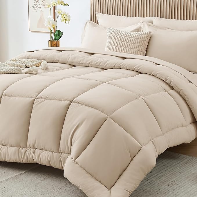 Sasttie Twin Comforter Set, 5 Pieces Bed in a Bag Twin, Complete Bedding Set Includes Comforter, Flat Sheet, Fitted Sheet, Pillowcase and Pillow Sham, Beige