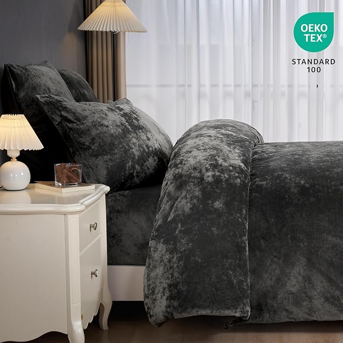 PHF Crushed Velvet Comforter Set King Size, 5-Piece Luxury Winter Bedding Sets with 2 Euro Shams, Heavyweight Warm Fluffy Velvet Bed Spread, Glam Home Decor, Grey