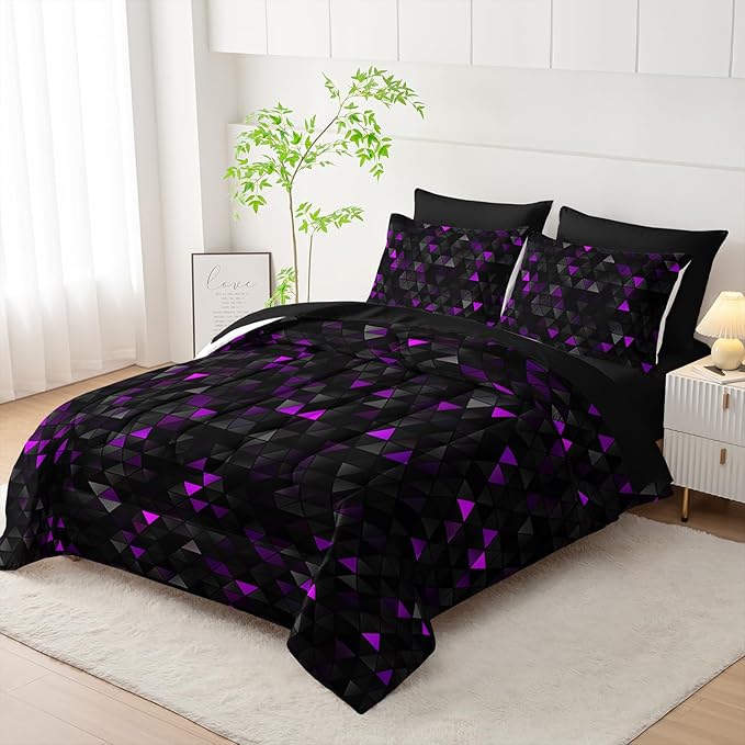 Geometric Violet Black Triangle King Size Comforter Set,Light Honeycomb Bedding Set 7 Piece in A Bag,Bed Sheet Set Geometry Decor,Microfiber Lightweight All Season
