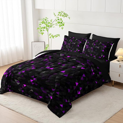 Geometric Violet Black Triangle Full Size Comforter Set,Light Honeycomb Bedding Set 7 Piece in A Bag,Bed Sheet Set Geometry Decor,Microfiber Lightweight All Season