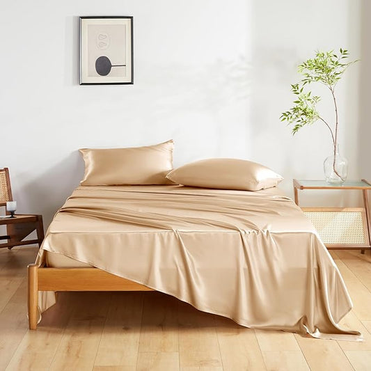 THXSILK Silk Sheet Set 4 Pcs, King Size Sheet Set, Soft Breathable Cooling Bed Sheets with 1 Flat Sheet, 1 Fitted Sheet, 2 Pillowcases with Zipper Closure, Champagne