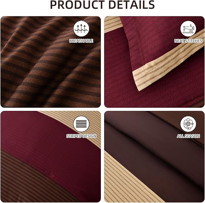 Anibedding Red and Brown Comforter Set King Size, Boho Burgundy Striped Bedding Comforter Set 7 Piece Bed in a Bag, Soft Microfiber Down Alternative Farmhouse Bedding Set for All Season(104"x90")