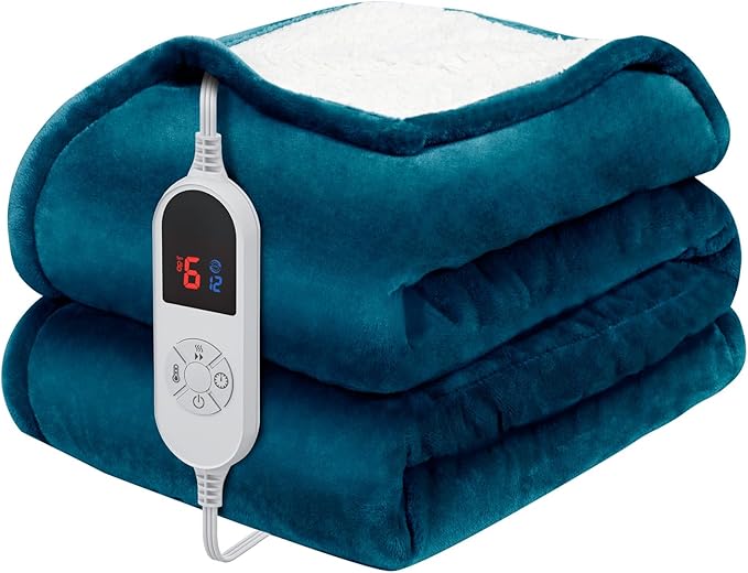 HOW'S MY HOUSE Heated Blanket Throw 50" x 60", Electric Blanket with 12 Time Settings & 6 Heating Levels, Over-Heat Protection, Flannel Sherpa Super Cozy with ETL Certification, Blue