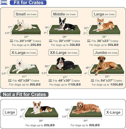 Outdoor Extra Large Dog Bed, Waterproof Dog Bed for Large Dogs, Egg Crate Foam XL Pet Bed with Removable Washable Oxford Cooling Cover, Amy Green