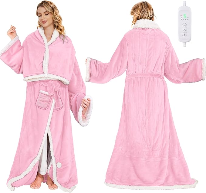 SIHOHAN Heated Throw Blanket Wearable Blanket Throw with Foot Pockets, Sleeves Flannel & Sherpa Wearable Blanket 8 Heating Levels & Timer Snuggle Blankets for Home Office-Electric Blanket 50*60" Pink
