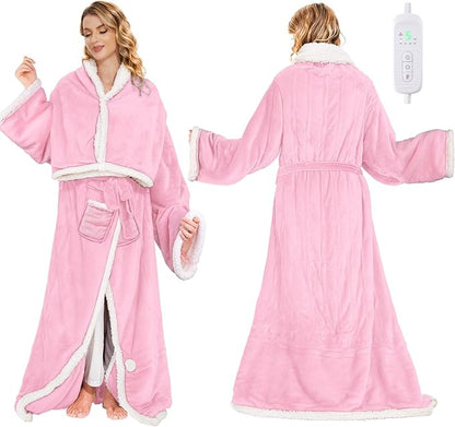 SIHOHAN Heated Throw Blanket Wearable Blanket Throw with Foot Pockets, Sleeves Flannel & Sherpa Wearable Blanket 8 Heating Levels & Timer Snuggle Blankets for Home Office-Electric Blanket 50*60" Pink