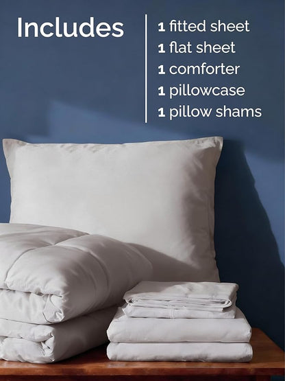 Twin Comforter Set - 5 Piece Bed in a Bag Twin Size Bed Set - Down Alternative Comforter, Flat Sheet, Fitted Sheet, Pillowcase & Sham for All Seasons - Ultra Soft, Comfy and Breathable - Light Grey