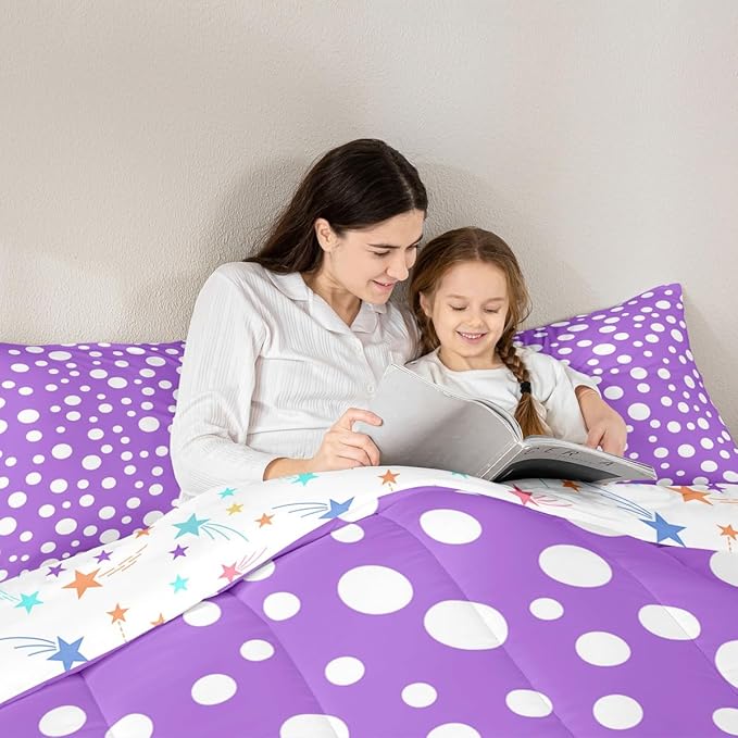 Manfei White Polka Dots Comforter Set Twin Size,Purple White Simple Geometric Circles Bedding Set 2 Pcs for Boys Girls,French Style Cute Dots Print Comforter,1 Pillowcase