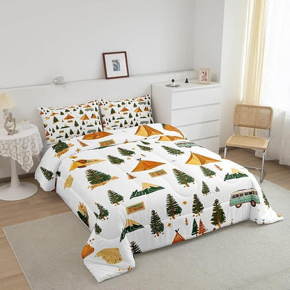 Feelyou Camping Comforter Set King Size Vintage Comforter Camper Accessories for Travel Trailers Bedding Set Camper Duvet Set Room Decor Ivory Quilt Set