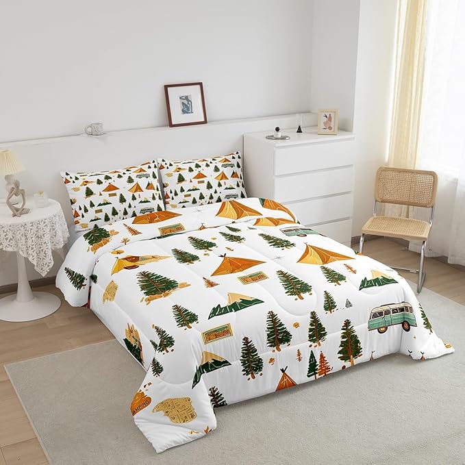 Feelyou Camping Comforter Set Toddler Size Vintage Comforter Camper Accessories for Travel Trailers Bedding Set Camper Duvet Set Room Decor Ivory Quilt Set