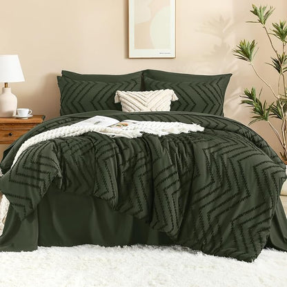 Litanika Full Size Comforter Sets with Sheets Dark Olive Green - 7 Pieces Bed in a Bag Full Chevron Tufted Complete Bedding Sets with Comforter, Sheets, Pillowcases & Shams