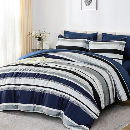 WONGS BEDDING Comforter California King Size, Navy Blue Striped Cal King Comforter Set, 7 Pieces Bed in a Bag Soft Bedding Set with Comforter, Flat Sheet, Fitted Sheet, Pillow Shams, Pillowcase